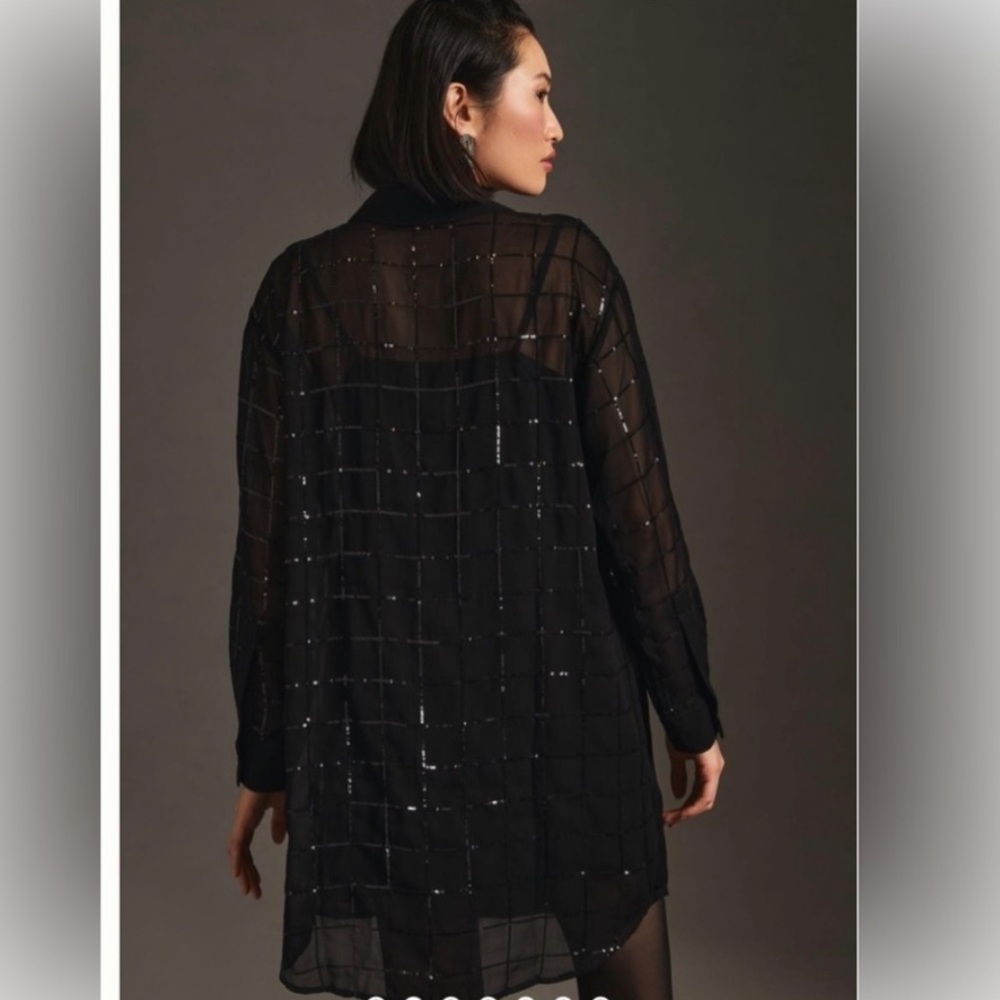 Black Sequined Sheer Shirt Dress Rdalamal for Anthropologie